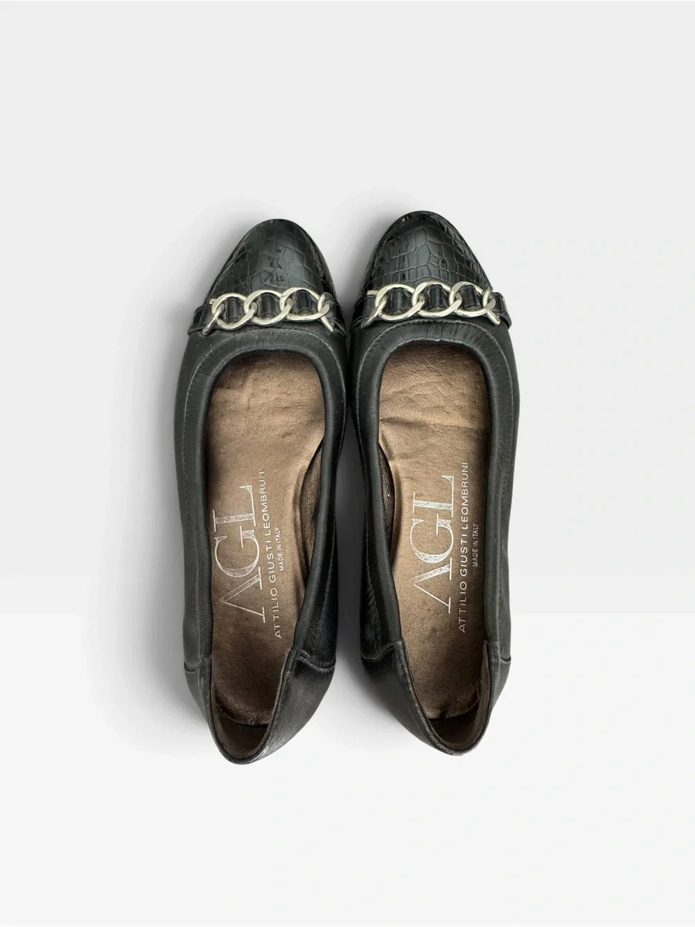 AGL Attilio Giusti Leombruni Black Leather Ballet Flats Size 36 Italy Chain Croc